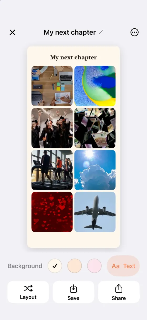 A vision board in Vizea, with photos arranged in an editable collage